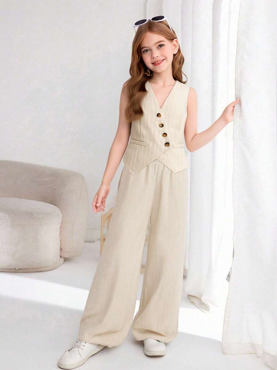 SHEIN 少女休闲条纹无袖背心和直筒裤套装 - 卡其色 - 查看 1