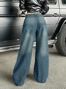 CasuGlow Solid Color Slant Pocket Low Waist Y2K Washed Casual Style Wide Leg Jeans - Light Wash - View 2