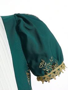 SHEIN 1 pieza Vestido elegante y lujoso para niñas con tela metálica tejida, encaje dorado y decoración con cuentas, cuello en V y mangas abullonadas, adecuado para uso diario, fiestas y banquetes - Verde Oscuro - Ver 3