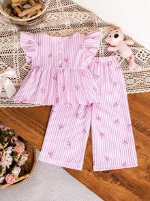 SHEIN 2pcs Baby Girls' Spring/Summer Casual Striped Flare Sleeve Bow Tie Chiffon Blouse And Pants Set