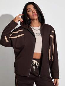 EURMUSE Chic Contrast – Brown Cotton Sweat Long Sleeve And Wide Leg Set With Beige Trim For Effortless Street Style / Elevated Essentials – Brown Loungewear Set With Beige Detailing