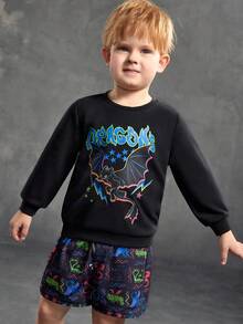 SHEIN How to Train Your Dragon 2pcs/Set Young Boy Casual Letter & Dragon Print Crew Neck Sweatshirt And Shorts Set, Autumn - Black - View 3