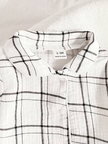 新生儿睡衣套装 - 两件套，格子图案，圆领长袖连脚裤，纽扣前开襟，中性米白色，四季皆宜，轻薄舒适，亲肤透气，2026 年假日必备 - 米色 - 查看 5