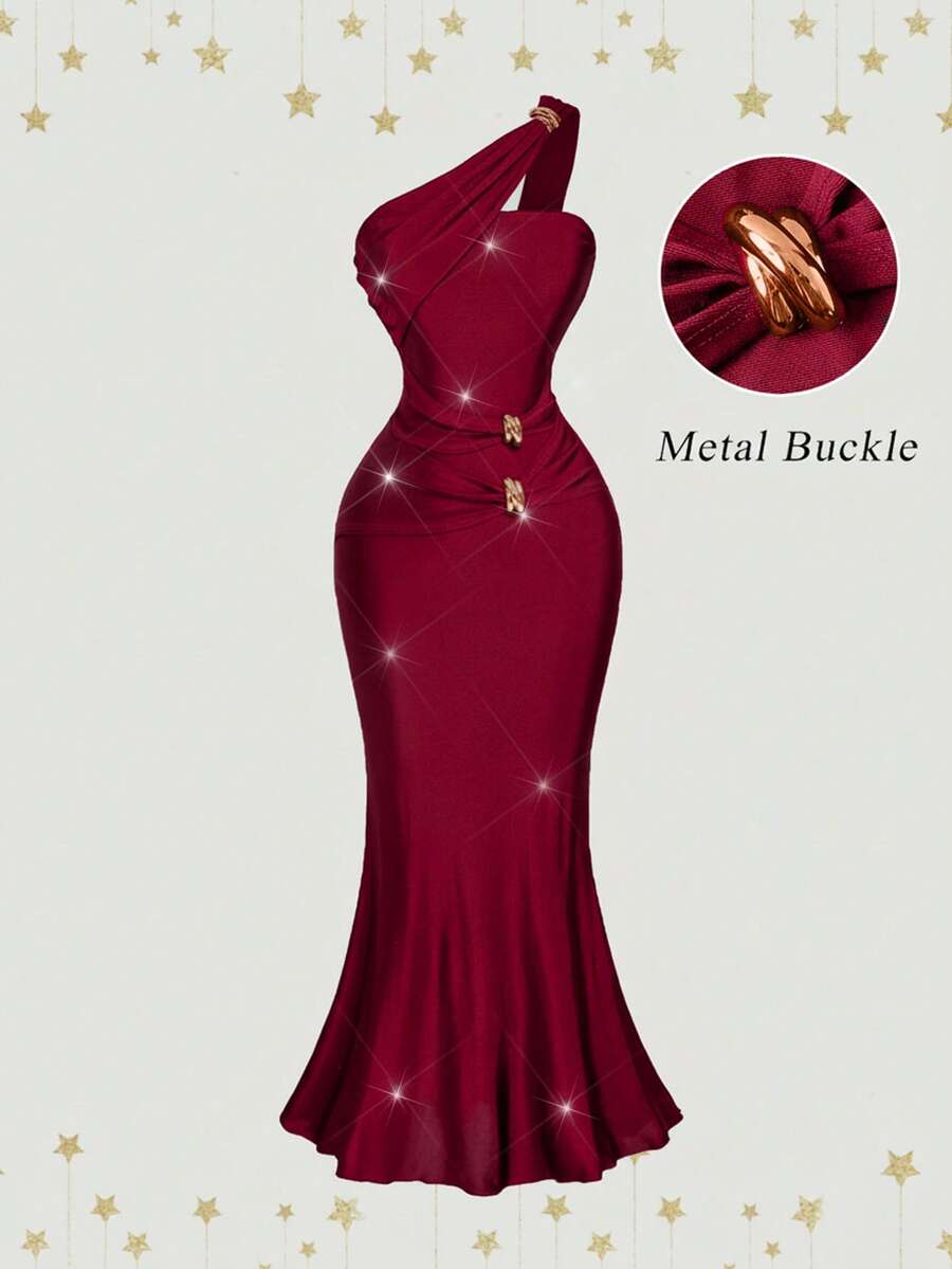 SHEIN MOD Đầm lệch vai màu xanh hải quân thanh lịch dành cho nữ, đầm dự tiệc, đầm lệch vai sang trọng, đầm dạ hội màu xanh hoàng gia, đầm xanh thanh lịch, trang phục Giáng sinh, đầm mùa hè, quần áo mùa đông cho nữ, đầm năm mới, đầm dự tiệc, đầm dạ hội cao cấp dành cho nữ. - Màu Đỏ Sâu - Xem 1