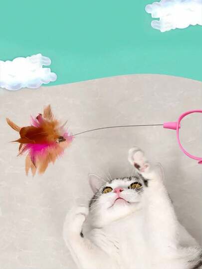 Juguete de varilla con plumas para gatos montado en la cabeza para aliviar el aburrimiento y consumir energía. Suministros de juego con plumas automáticas para que los gatos se entretengan por sí mismos. Los juguetes de juego para gatos están fuera de su alcance para que los gatos se emocionen talla grande. Adecuado para gatos porque el collar es pequeño o se puede sostener en la mano para jugar con los gatos