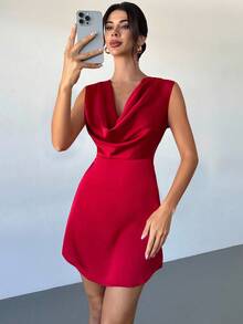 Firerie Women's New Elegant Party & Wedding Guest Dress, Red Satin Crepe Fabric, Plunging Draped Neck, Sleeveless, Fitted Mini Dress, Spring/Summer - Red - View 6