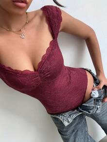 Aloruh Solid Color Sweetheart Collar Fitted Burgundy Lace Bodysuit,Elegant, Sexy, Casual, And Work-Appropriate Bodysuit,Vacation Outfits Women,Spring Outfit Women,Valentine's Day - Burgundy - View 2