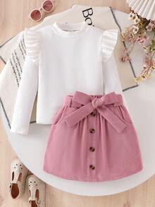 SHEIN Elladie kids 2pcs/Set Tween Girls Casual Solid Color Ruffle Trim Long Sleeve Top And Button Decor Skirt, Autumn
