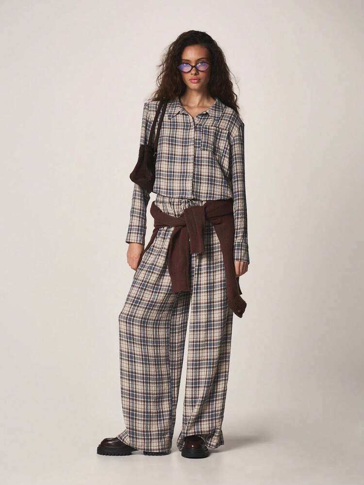 MISSGUIDED Calça Palazzo de Perna Larga Xadrez com Cintura Elástica, Padrão Xadrez, Casual, Confortável, Caimento Relaxado