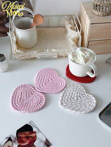 4pcs Valentine's Day Heart Shaped Coasters Handmade Woven Heart Shaped Coasters Pink Red Coasters Non-Slip Absorbent Beverage Mats Suitable For Home Restaurant Tea Cafe Bar Decoration (Without Shelf) - Multicolor - View 8