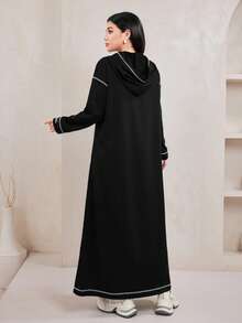 Veilorie Contrast Stripe Letter Print Long Sleeve Hooded Sweatshirt Dress - Black - View 7