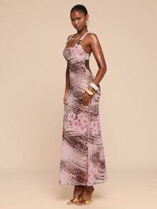 SHEIN BAE 豹纹和花卉印花露背连衣裙，金属扣装饰，优雅连衣裙，适合海滩派对、度假、夏季、正式场合。 - 彩色 - 查看 4