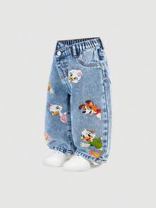 SHEIN 女婴新款浅蓝色可爱动物纹牛仔裤，百搭休闲 - 淺色水洗藍 - 查看 3