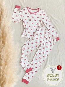SHEIN Vintaside Kids 两件套女童睡衣套装，柔软舒适的长袖上衣，饰有蝴蝶结和爱心印花，搭配修身长裤，时尚休闲。 - 粉色 - 查看 3