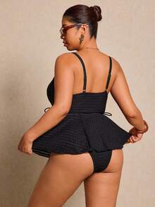 Elaquor Plus Size Summer Vacation Beach Solid Color Textured Tankini Set - Black - View 3