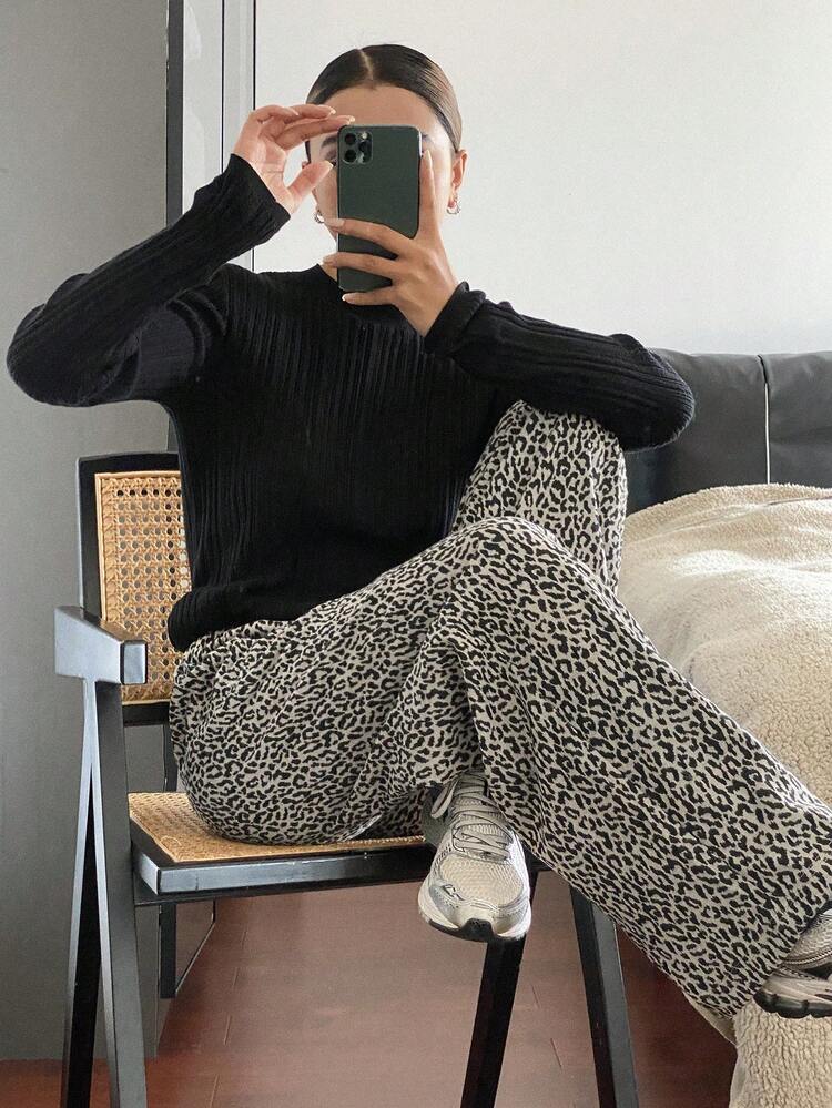 Women's Casual Leopard Print Drawstring Waist Long Pants Y2k