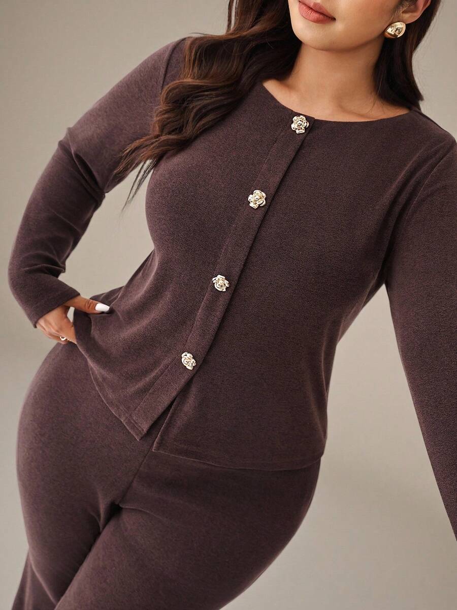 Auralis Set 2 buc: Cardigan maro închis cu guler rotund și mânecă lungă și pantaloni evazați casual, potrivit pentru concerte, spectacole, întâlniri zilnice, naveta, elegant și romantic, doamnă de birou, stil sirenă, petrecere de ziua de naștere - cafea maro - Vizualizare 1