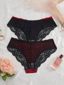 2pcs Women's Charming Black & Red Heart Lace Criss-Cross Mesh Rose Design Panties - Multicolor - View 2