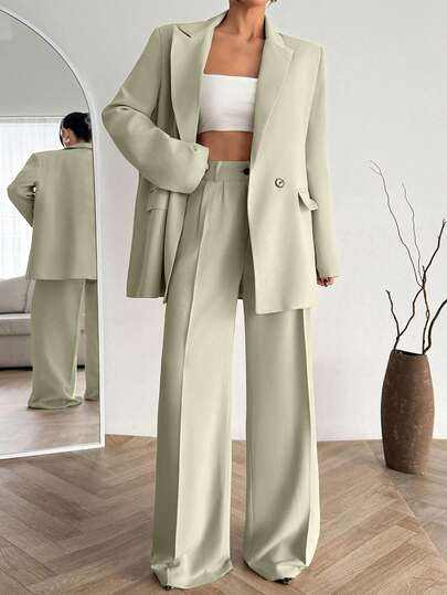 EURMUSE 2pcs/Set Solid Color Double-Breasted Long Sleeve Suit Jacket And Pants Suit