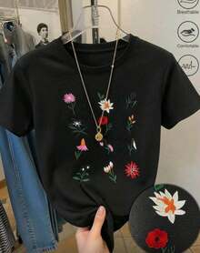 Playera camiseta basica estampada grafica dama mujer manga corta cuello redondo estampado flores - Negro - Ver 1