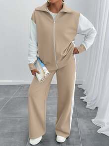 EURMUSE Women Contrast Color High Neck Zipper Detailed Sweatshirt And Sweatpant - Beige - View 9