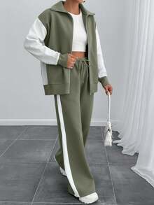 EURMUSE 女士撞色高领拉链细节卫衣和运动裤 - 軍綠色 - 查看 4