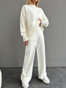 EURMUSE Ladies' Solid Color Round Neck Drop Shoulder Sweater And Pants Set - White - View 4