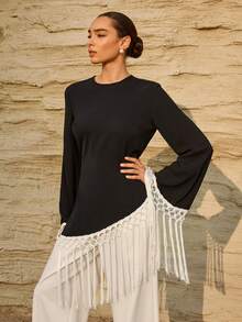 Graceveil 女士纯色简约长袖衬衫，休闲日常穿着 - 黑色 - 查看 3