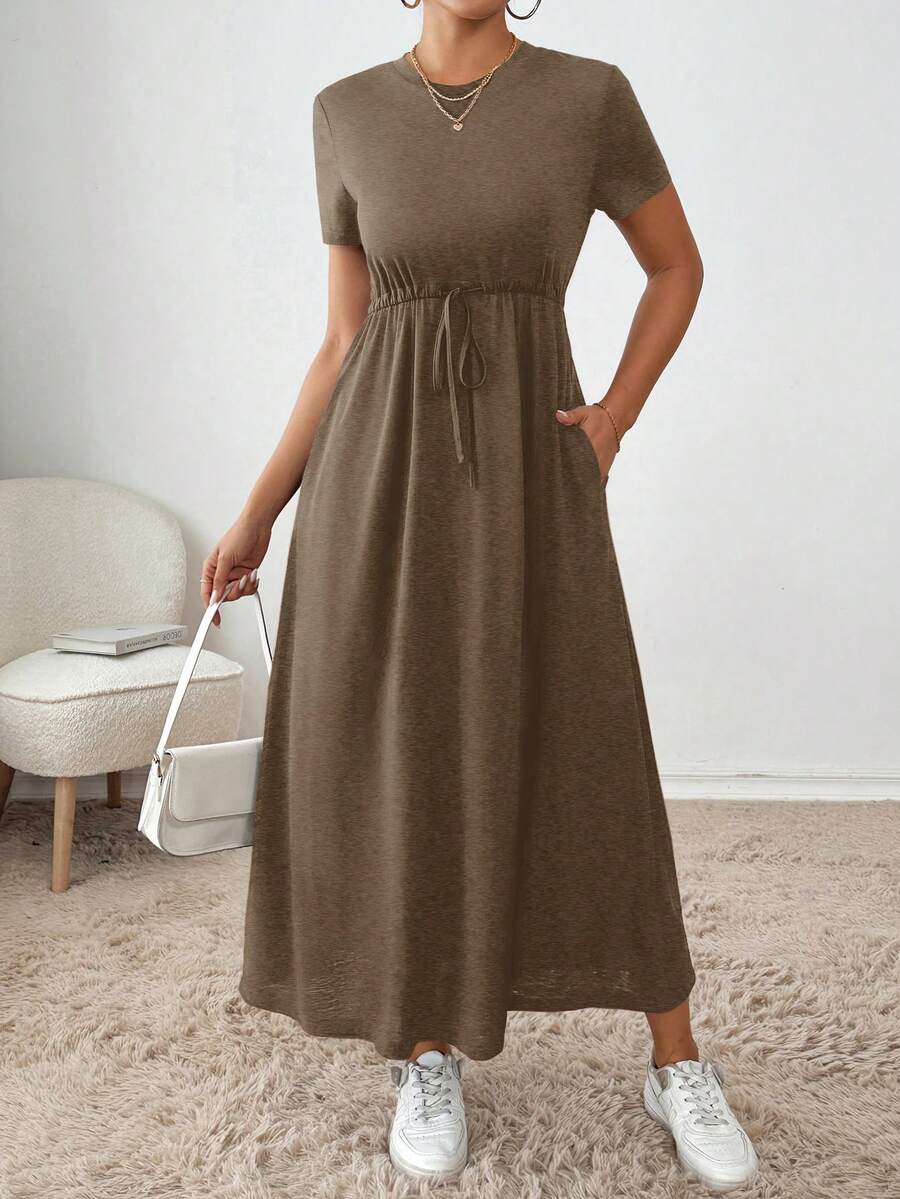 SHEIN Essnce 女士休闲纯色抽绳腰短袖连衣裙,夏季 - 棕色 - 查看 1