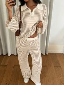 Siren Gaze 女士两件套宽松条纹V领落肩长袖T恤和松紧腰条纹裤，冬季毛衣套装，秋冬季 - 彩色 - 查看 6