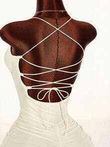 Amplova 女士时尚性感露背流苏下摆中长连衣裙 - 杏色 - 查看 11