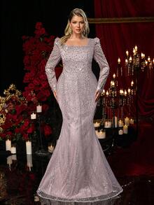 Glamrae Đầm dạ hội dáng đuôi cá thanh lịch, lãng mạn màu sâm panh, cổ vuông, tay dài, chất liệu xuyên thấu đính đá và ngọc trai, thích hợp cho đám cưới, tiệc tùng, các dịp trang trọng, dạ hội, lễ phục dạ tiệc (thiết kế đính kết cầu kỳ). - Bụi hồng - Xem 4