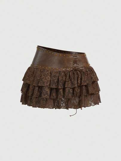 ROMWE Hippie Sports Chic Polka Dot Contrast Color Patchwork Double Layer Pleated Women Low Waist Mini Skirt