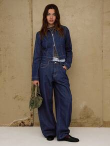 COUREZ 中蓝色水洗修身拉链牛仔外套/Y2K秋冬女装可爱两件套外出派对新年装 - 深色水洗藍 - 查看 2