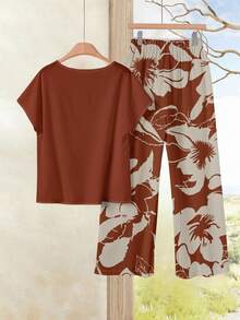 EMERY ROSE 2pcs/Set Women Casual Loose Fit Round Neck Top And Pants, Versatile Outfit Suitable For Spring And Autumn - Multicolor - View 5