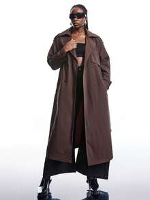 LYSMO Plus Size Plain Color Dual-Breasted Long Casual Trench Coat, Spring/Autumn Winter Fall - Brown - View 3