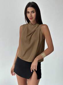 Firerie 女士优雅时尚新款通勤办公日常度假音乐节不对称褶皱杏色衬衫，春夏款 - 咖啡棕 - 查看 4