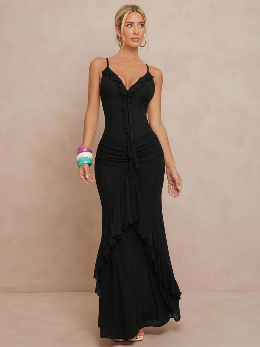 Lumalex Đầm ôm sát eo kiểu đuôi cá với dây đeo mảnh và viền bèo nhún dành cho nữ - màu đen - Xem 1