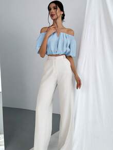 Aloruh 女士夏季露肩V领褶裥腰身衬衫 - 淺藍色 - 查看 5