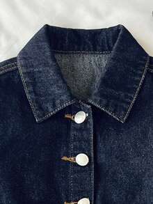 SHEIN 2pcs/Set Young Girl Navy Blue Denim Cropped Jacket And Mini Skirt - Dark Wash - View 6