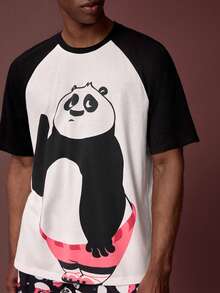 SHEIN Kung Fu Panda طقم ملابس صيفي مكون من بلوزة بأكمام قصيرة بطبعة الباندا الكرتونية الجميلة وألوان متباينة وشورت فضفاض - أبيض وأسود - مشاهدة 3