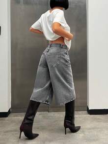 EURMUSE GREY LOW WAIST BAGGY BERMUDA JORT SHORTS Cowboy Work Gray Jeans Cowgirl Jeans Wide Leg Baggy Jeans Y2k Oversized Jeans Jeans Women Baggy Rodeo Cropped Jeans Baggy Jeans Women Womens Jeans Loose Jeans Wide Leg Jeans Streetwear - Grey - View 9