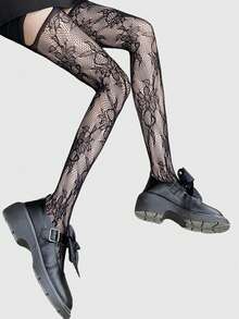 ROMWE Avant 1双性感花卉蕾丝渔网袜，复古情趣粉色不透明连裤袜，轻薄弹力透明丝袜 - 吊帶黑色 - 查看 3