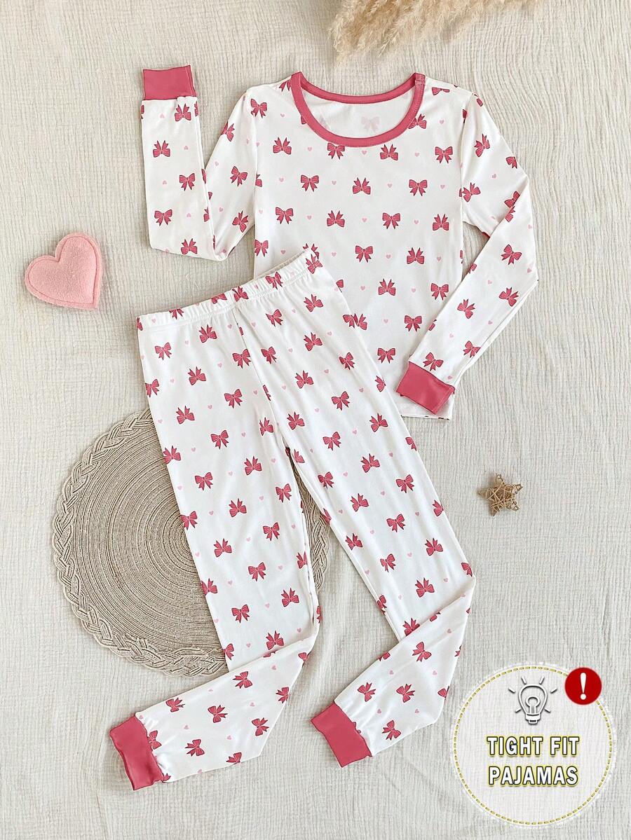 SHEIN Vintaside Kids 两件套女童睡衣套装,柔软舒适的长袖上衣,饰有蝴蝶结和爱心印花,搭配修身长裤,时尚休闲。 - 粉色 - 查看 1