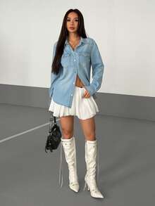 SHEIN EZwear 女款翻領單排扣口袋休閒/通勤長袖牛仔上衣 - 淺色水洗藍 - 查看 3