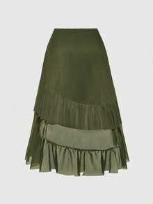 ROMWE Hippie 大码嬉皮复古音乐节刺绣向日葵背心和不对称荷叶边半裙两件套 - 軍綠色 - 查看 6