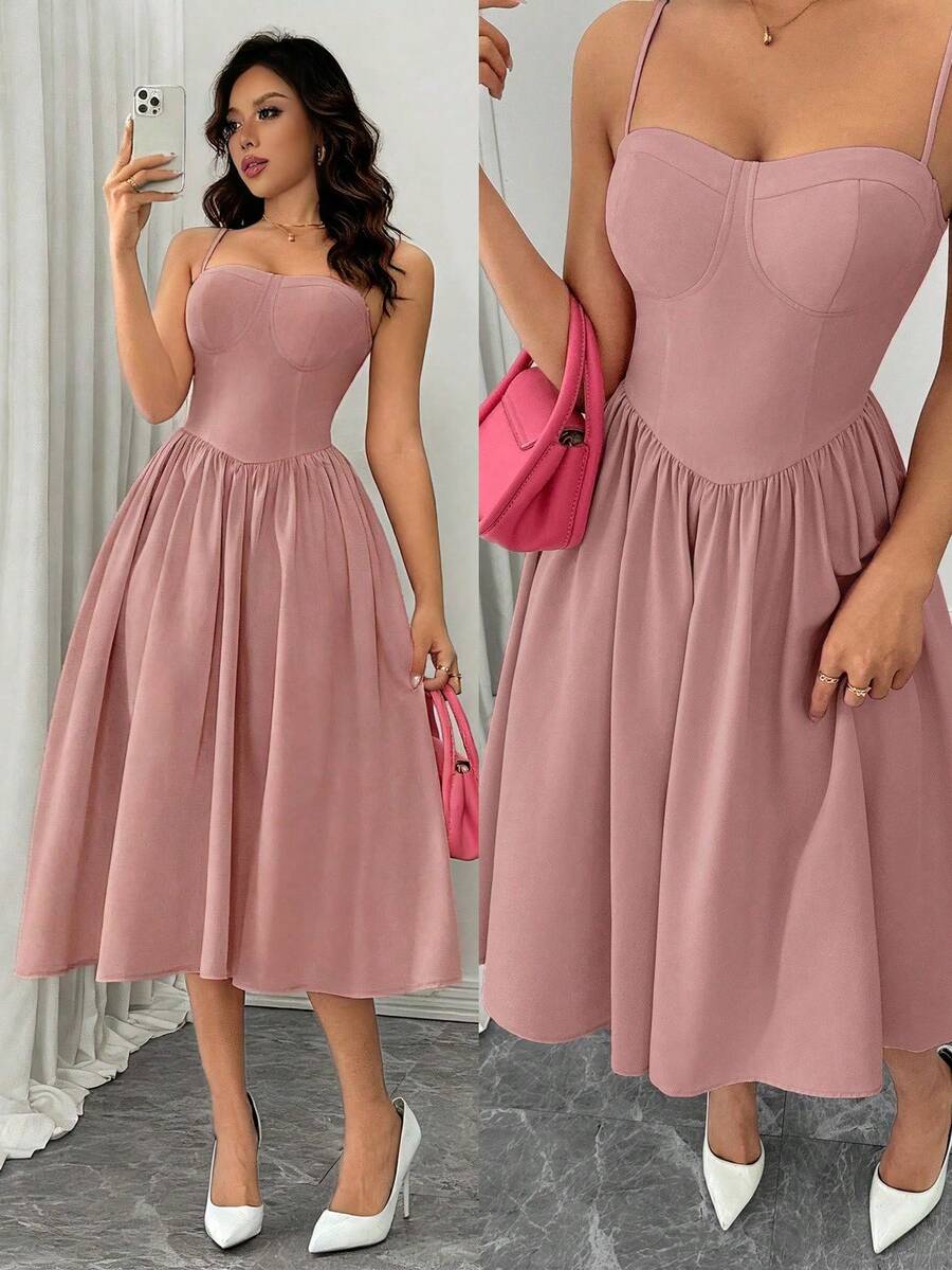 Rafferiza Váy xòe eo dây mảnh thời trang đa năng dự tiệc cho nữ, mùa thu/đông - Bụi hồng - Xem 1