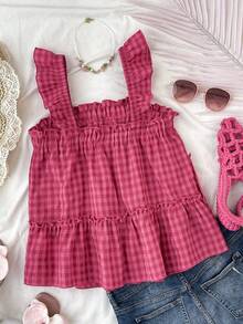 SHEIN Teen Girls Tank Tops & Camis Ruffle Details, Sweet And Lovely,Casual Plaid Sleeveless Top, Summer Girls Checkered Outfit Summer Outfits Set For Girls Pink Checkered Top Ruffle Strap Top Tiered Peplum Top - Hot Pink - View 2