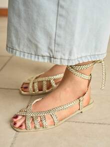 Rosivie Giày sandal đế bằng nữ, giày đế bằng quai dệt màu vàng, thích hợp cho ngày Valentine. - Vàng tươi - Xem 10