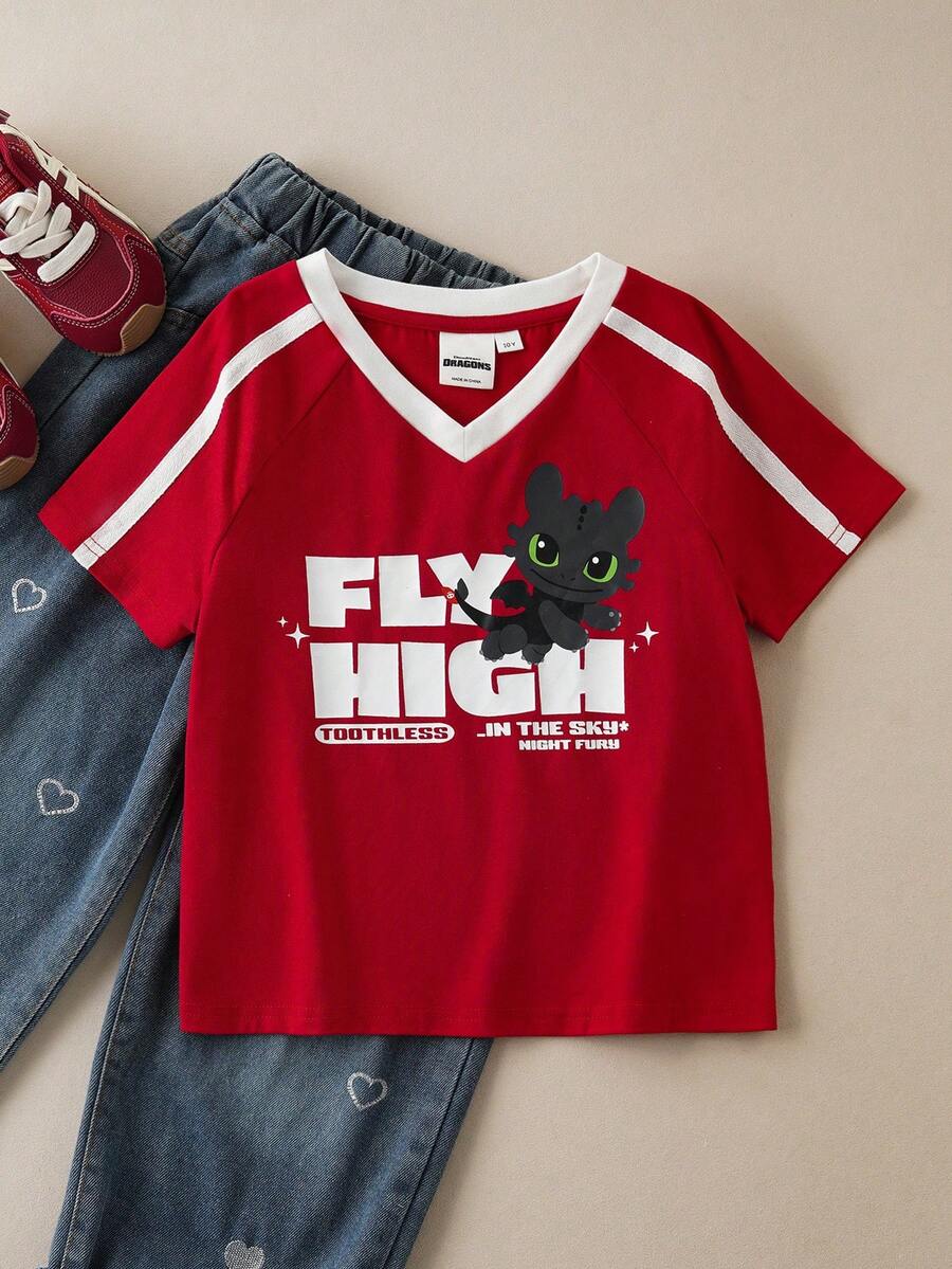 SHEIN How to Train Your Dragon Tween Girl V-Neck Letter & Cartoon Pattern Short Sleeve T-Shirt - Red - View 1